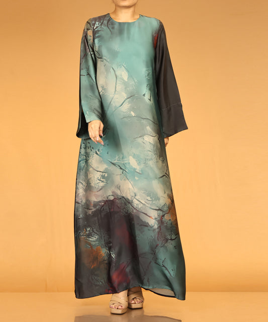 Teal Watercolour Print Long Maxi Abaya