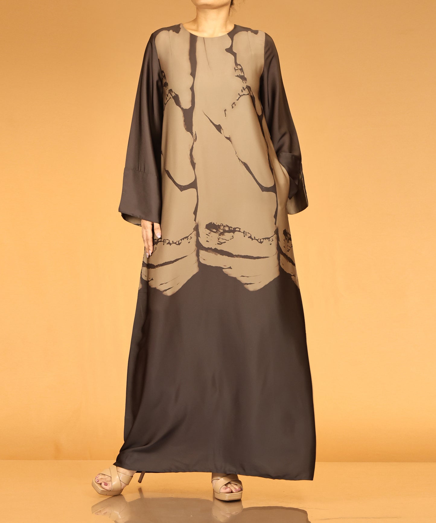 Coffee Brown Abstract Print Long Maxi Abaya