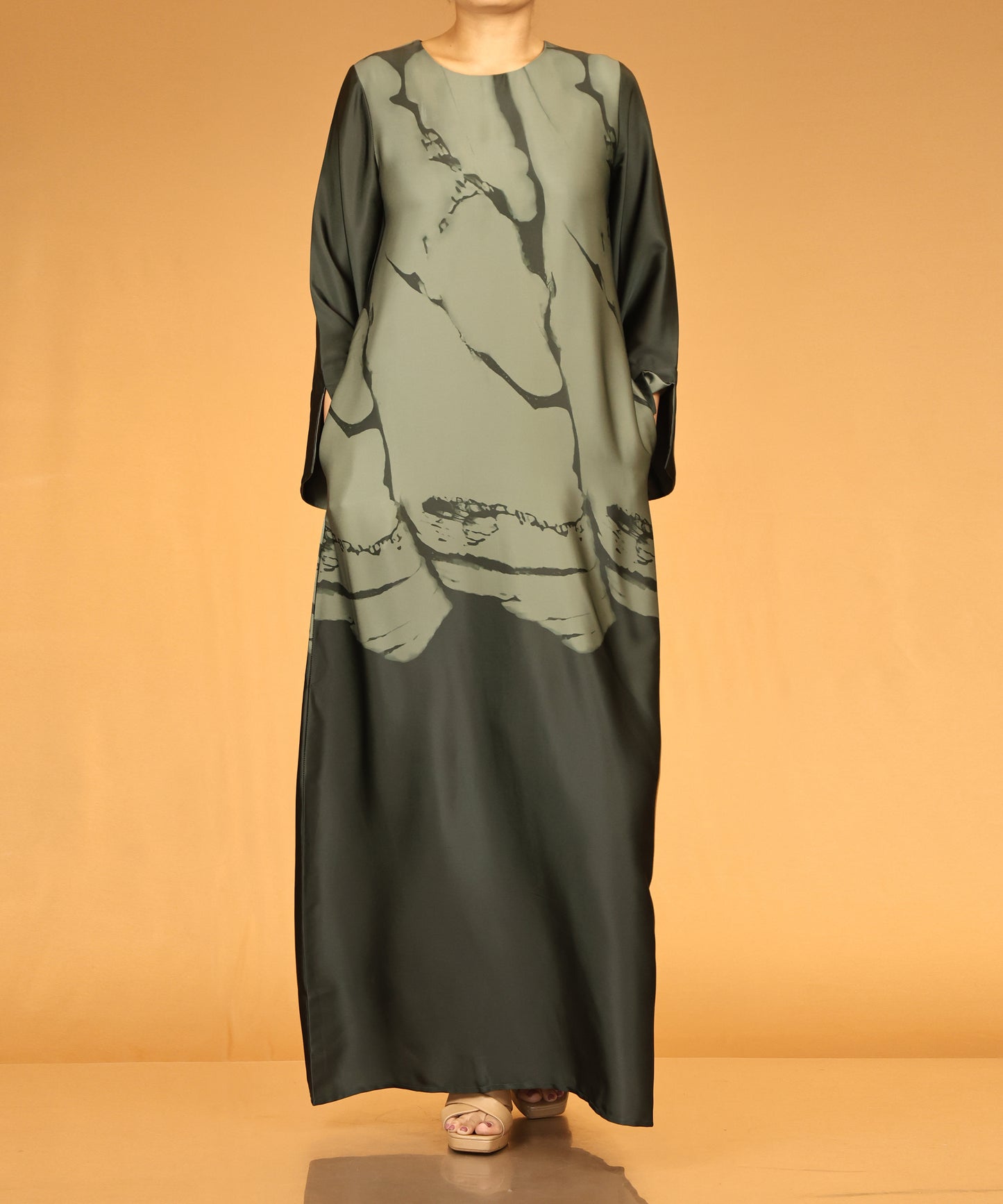 Olive Green Abstract Print Long Maxi Abaya