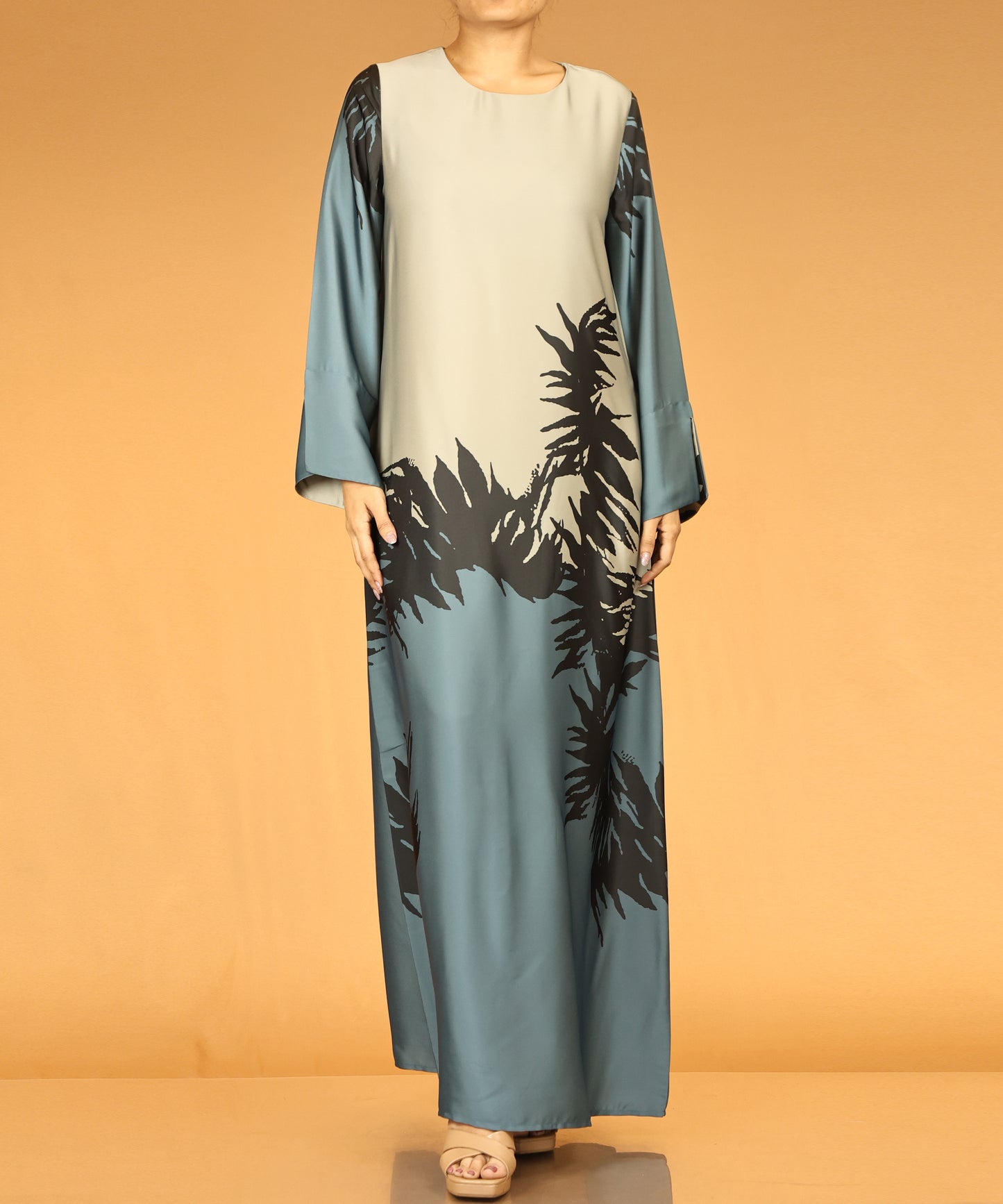 Teal & Beige Abstract Print Long Maxi Dress