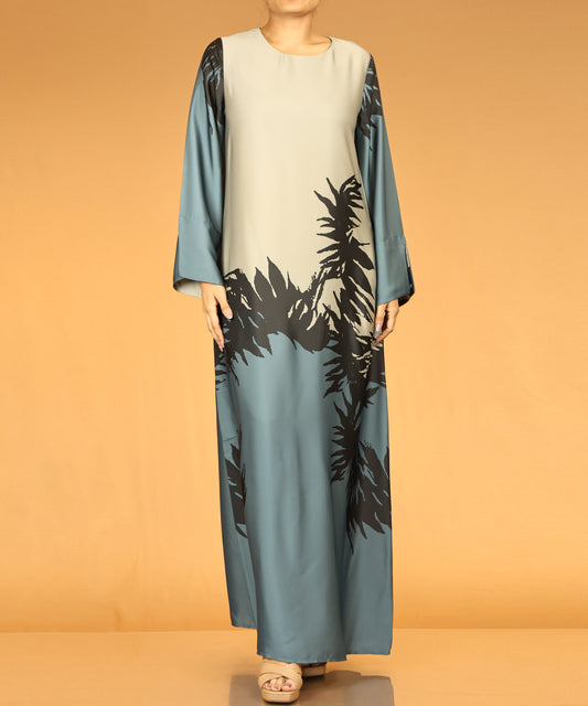 Teal & Beige Abstract Print Long Maxi Dress