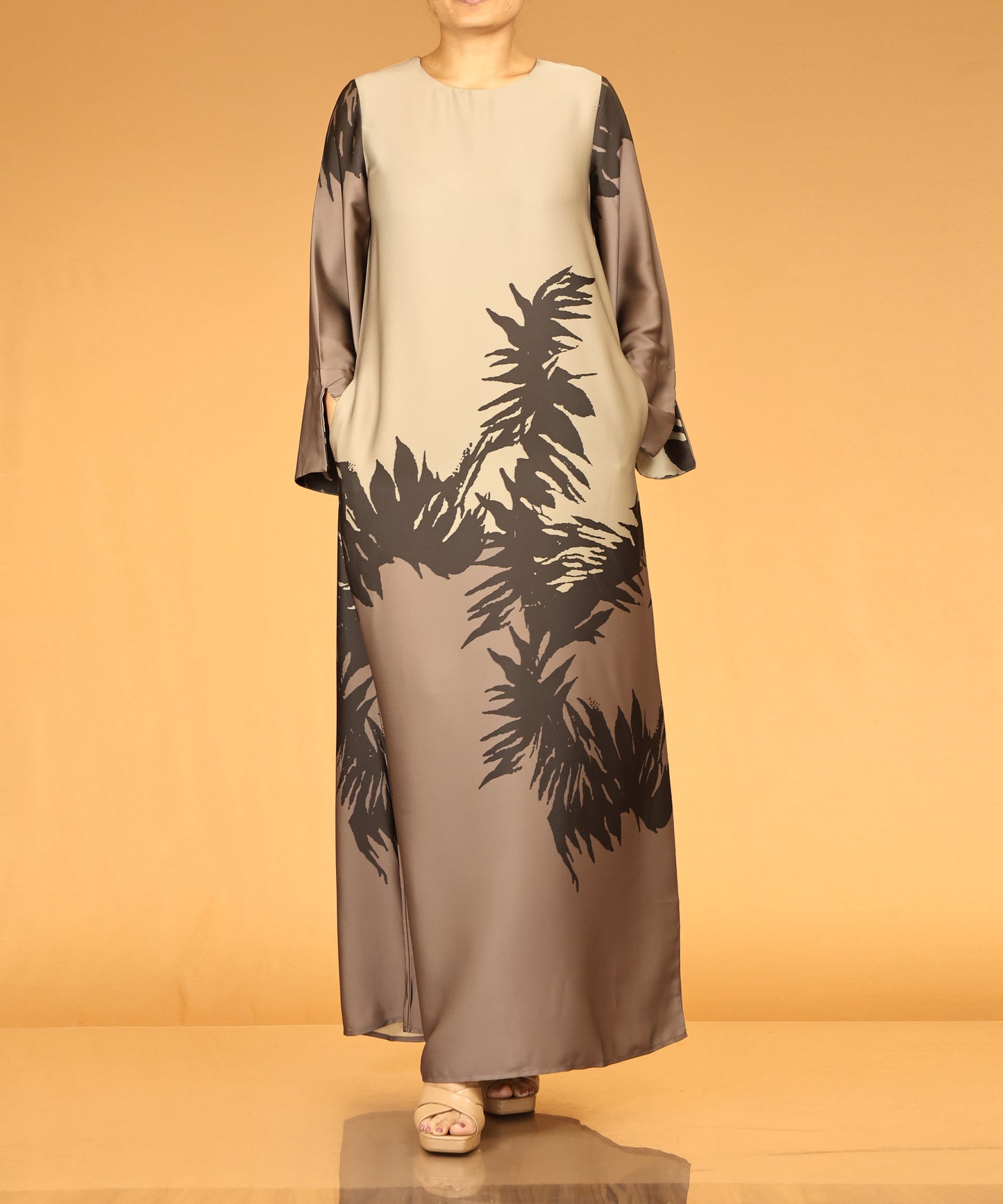 Taupe & Beige Abstract Print Long Maxi Dress