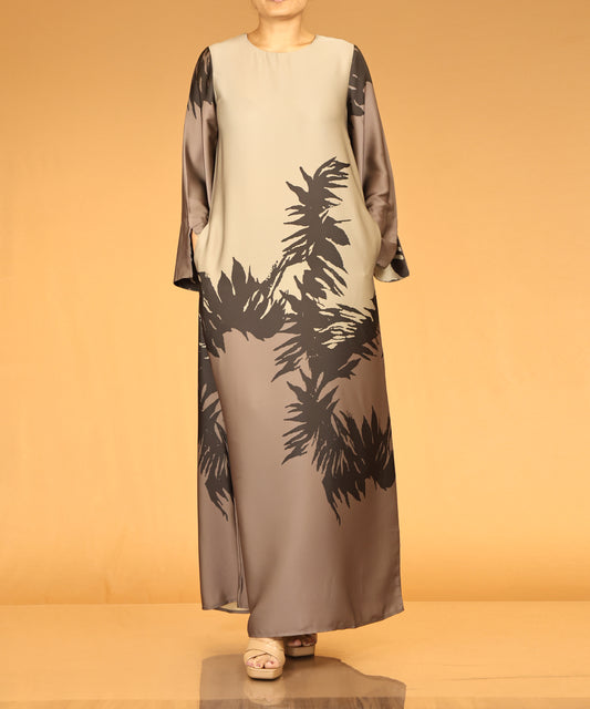 Taupe & Beige Abstract Print Long Maxi Dress