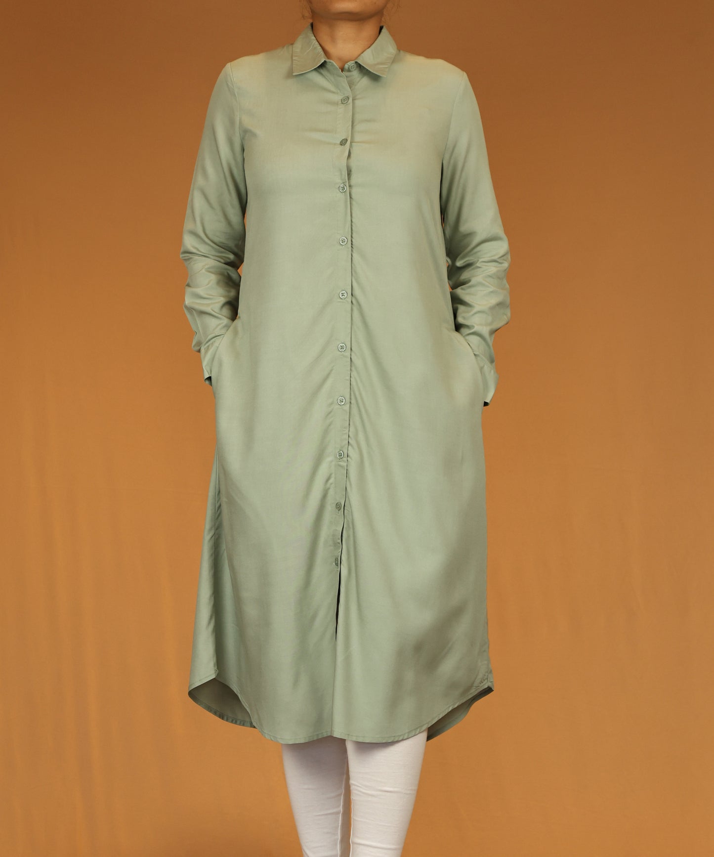 Sage Green Button-Down Long Shirt Dress