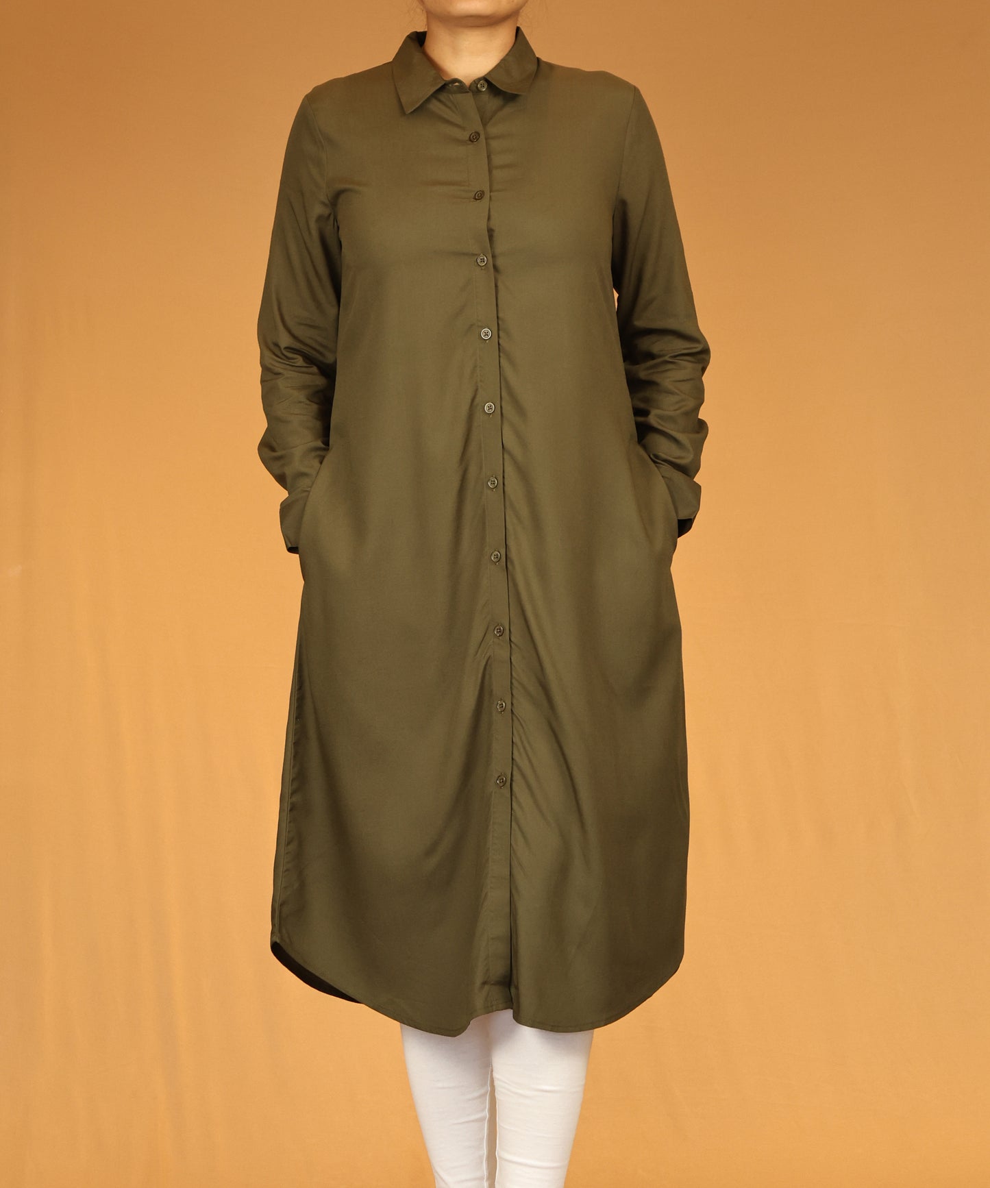 Olive Button-Down Long Shirt Dress