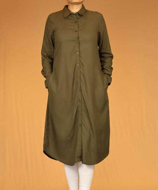 Olive Button-Down Long Shirt Dress