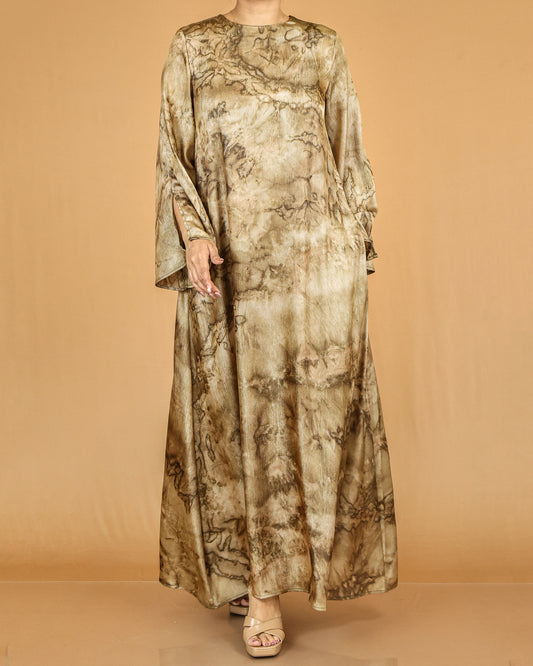 Earth Tone Marble Print Flow Abaya with Relaxed Sleeves
