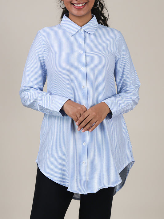 Elara Light Blue Stripe Button Front Top