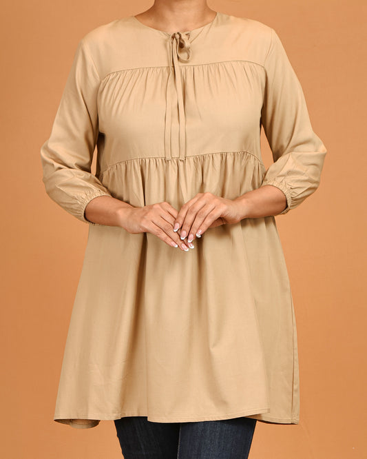 Tiered Tie-Neck Modest Top – Soft Beige