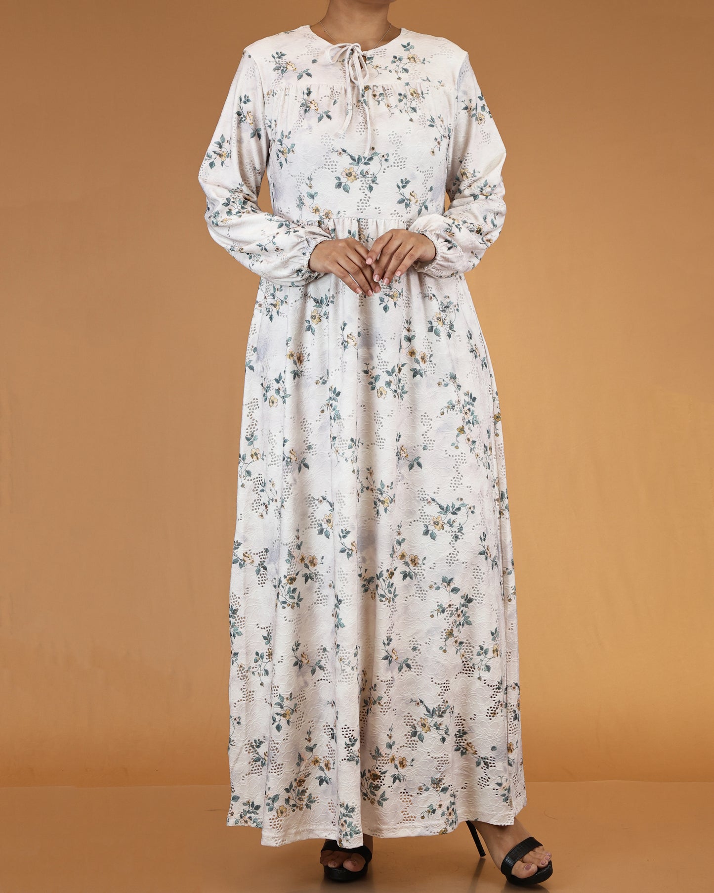 Ivory Floral Lace Abaya Maxi Dress