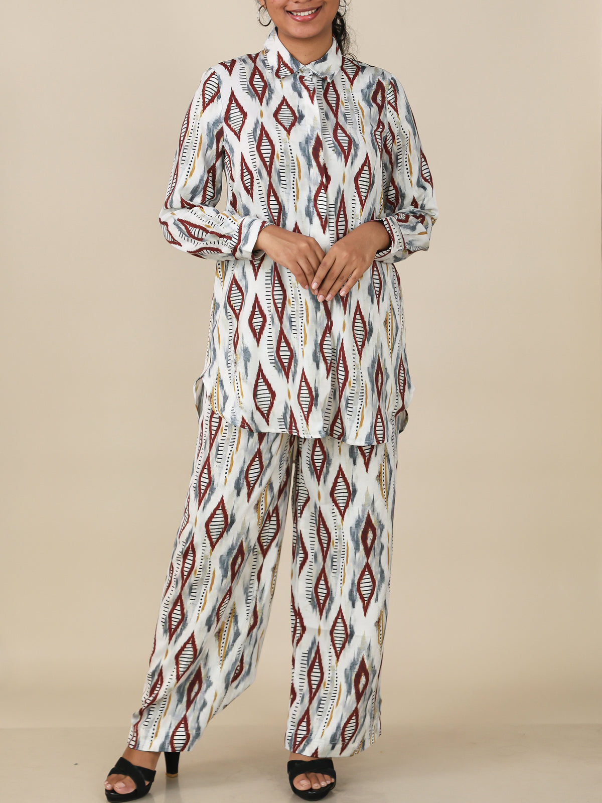 Zarelle Ivory Rust Geo Print Co-Ord Set