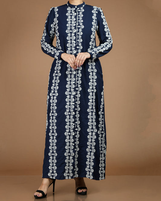 Printed Linen-Cotton Maxi Dress with Long Sleeves