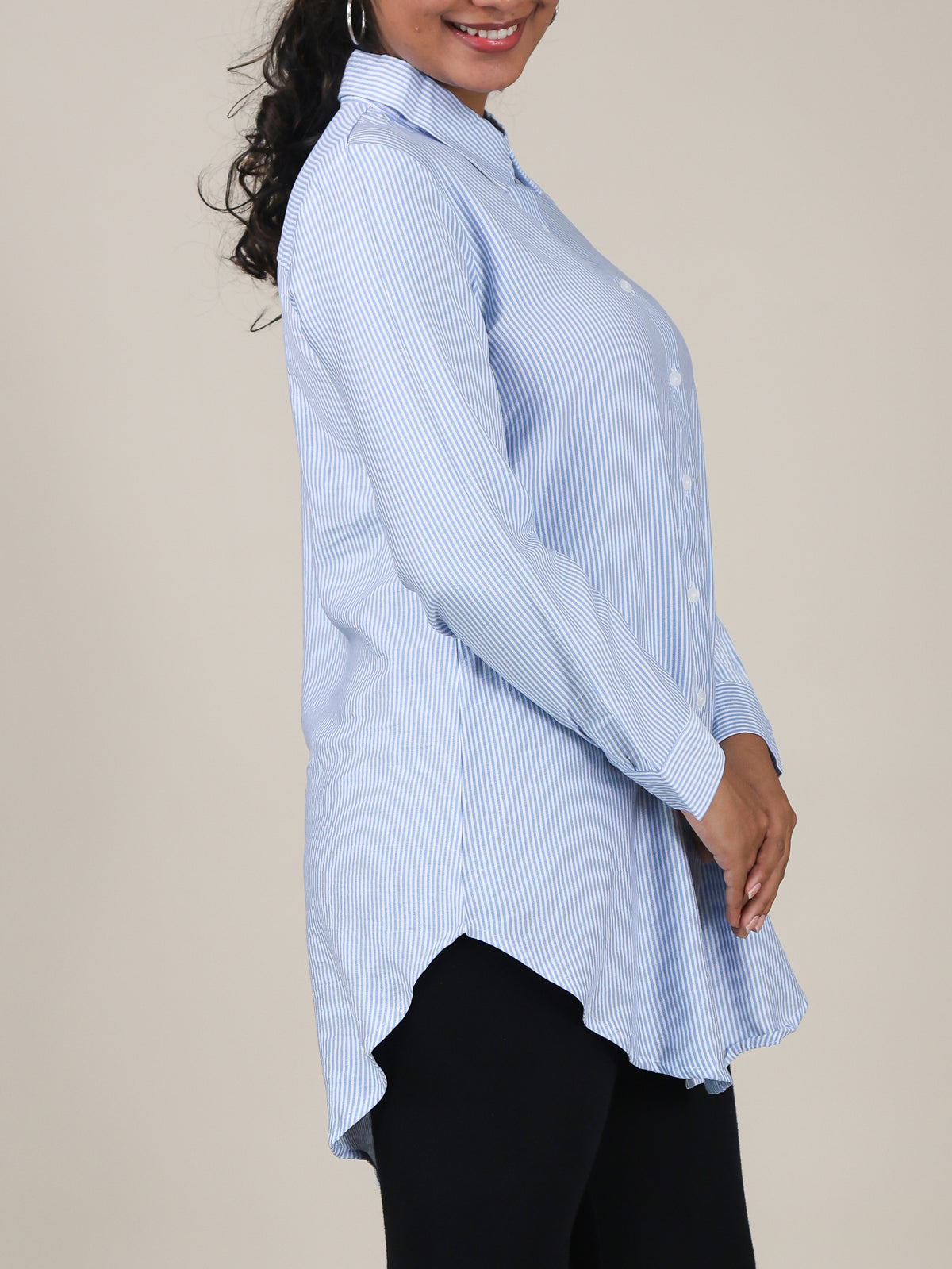 Elara Light Blue Stripe Button Front Top