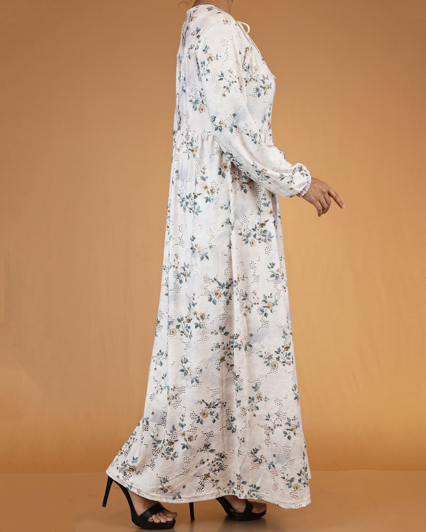 Ivory Floral Lace Abaya Maxi Dress