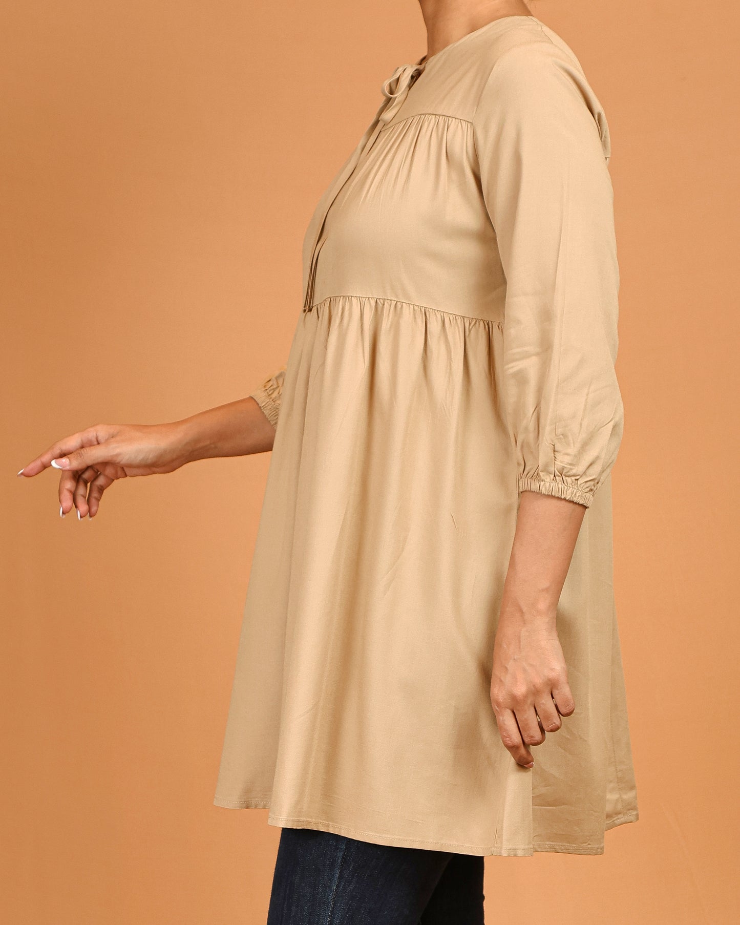 Tiered Tie-Neck Modest Top – Soft Beige