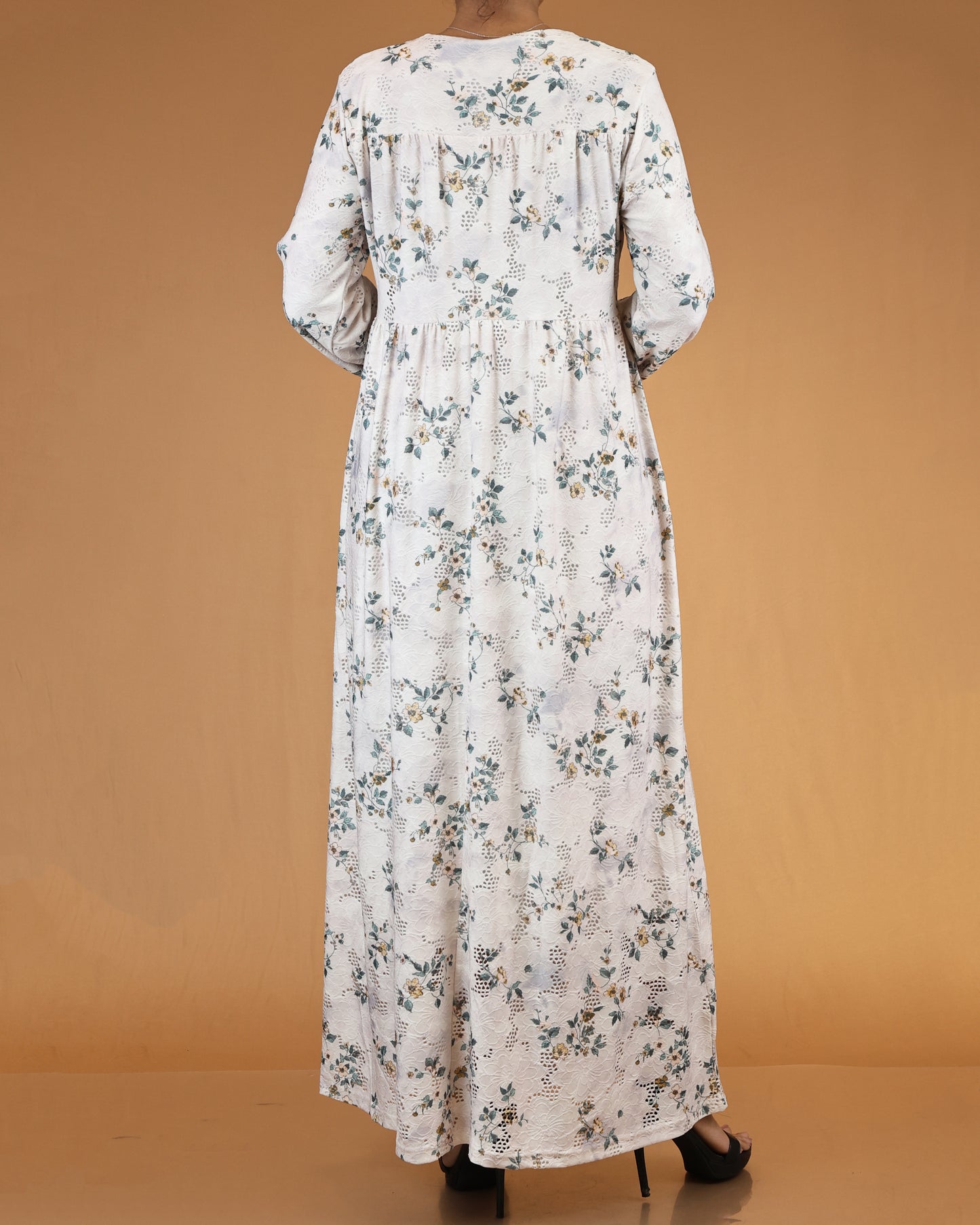 Ivory Floral Lace Abaya Maxi Dress
