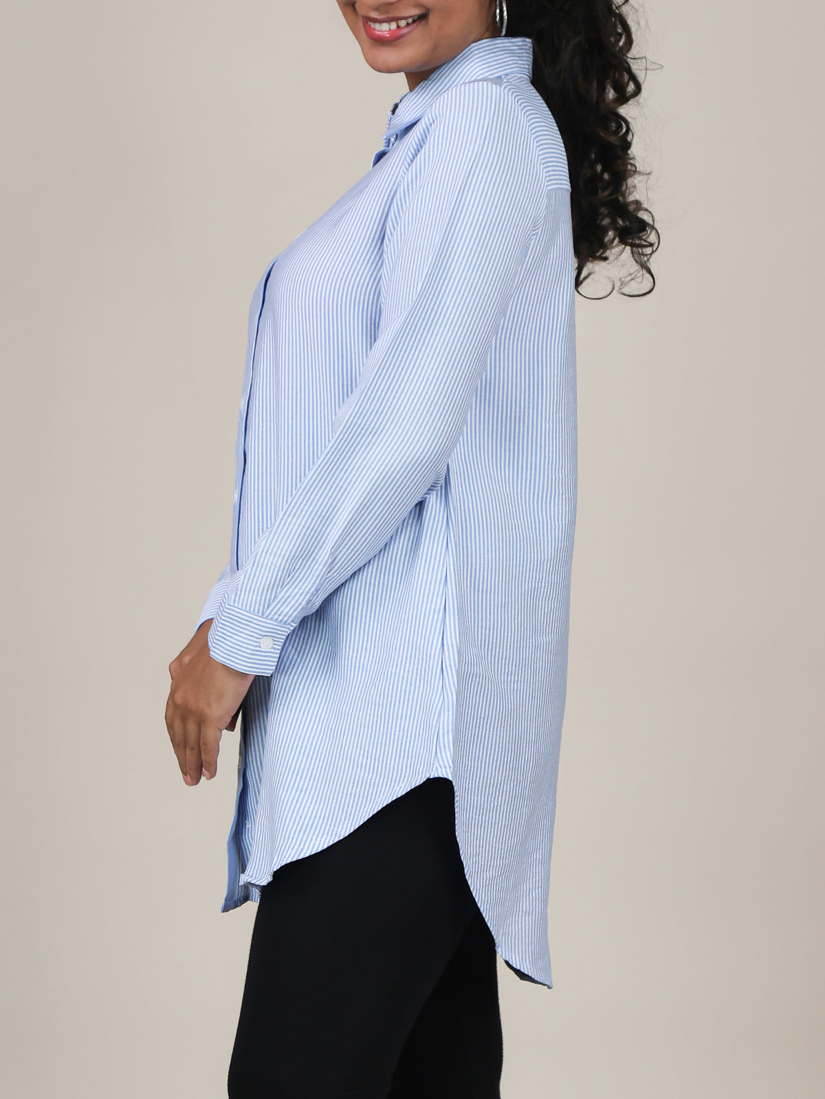 Elara Light Blue Stripe Button Front Top
