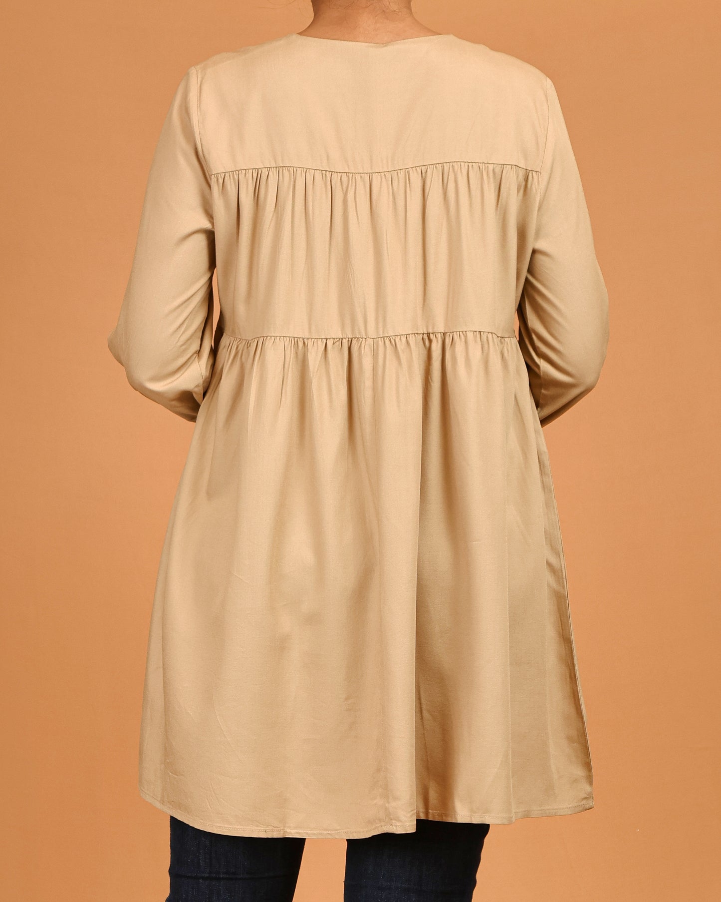 Tiered Tie-Neck Modest Top – Soft Beige