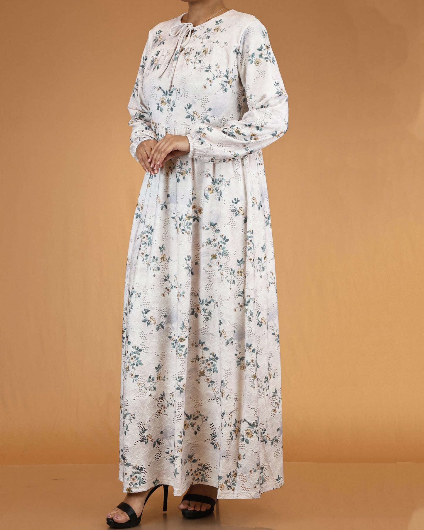 Ivory Floral Lace Abaya Maxi Dress