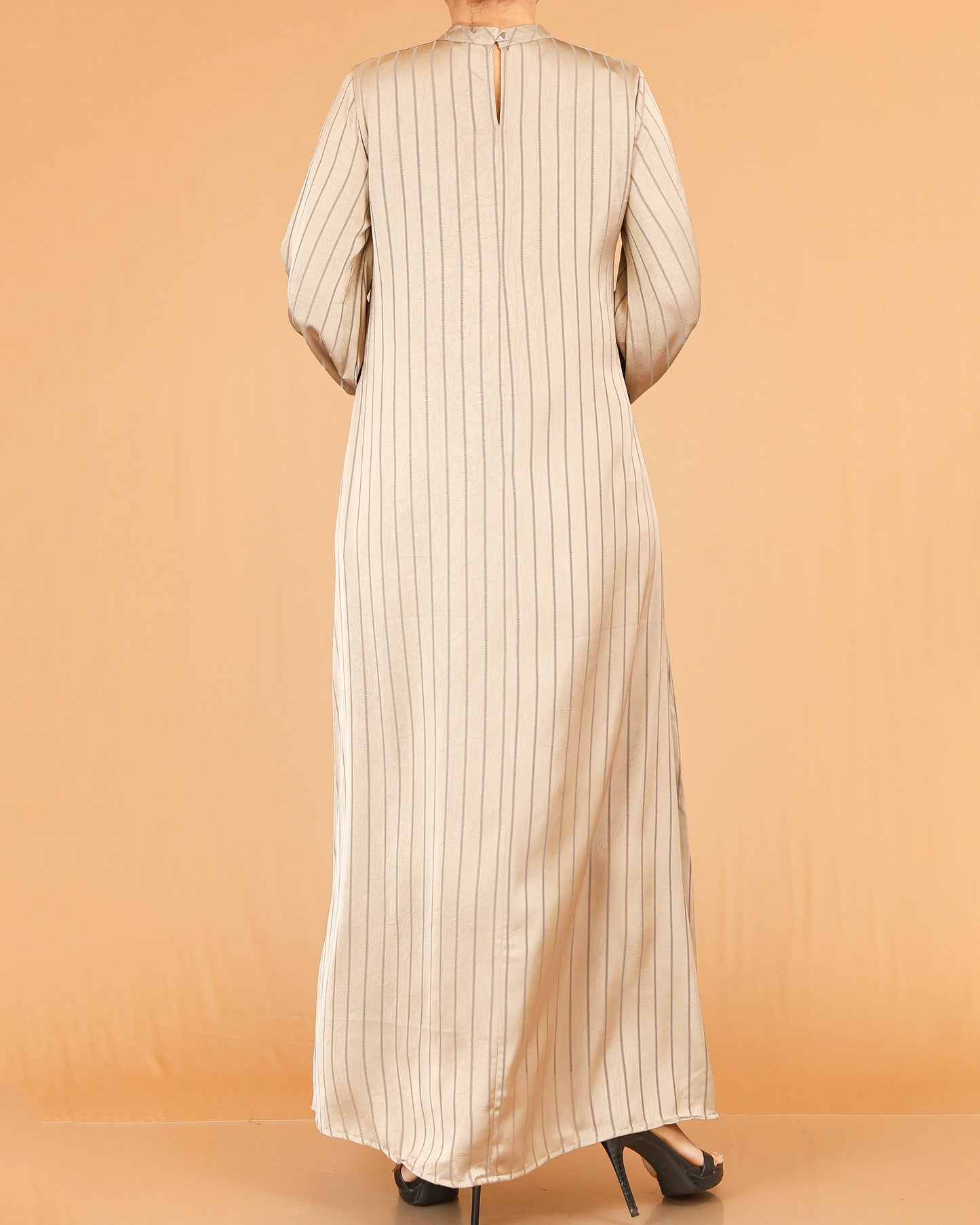 Beige Textured Stripe Abaya with Gathered Sleeves