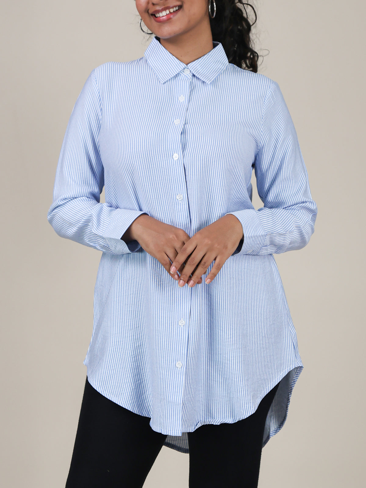 Elara Light Blue Stripe Button Front Top