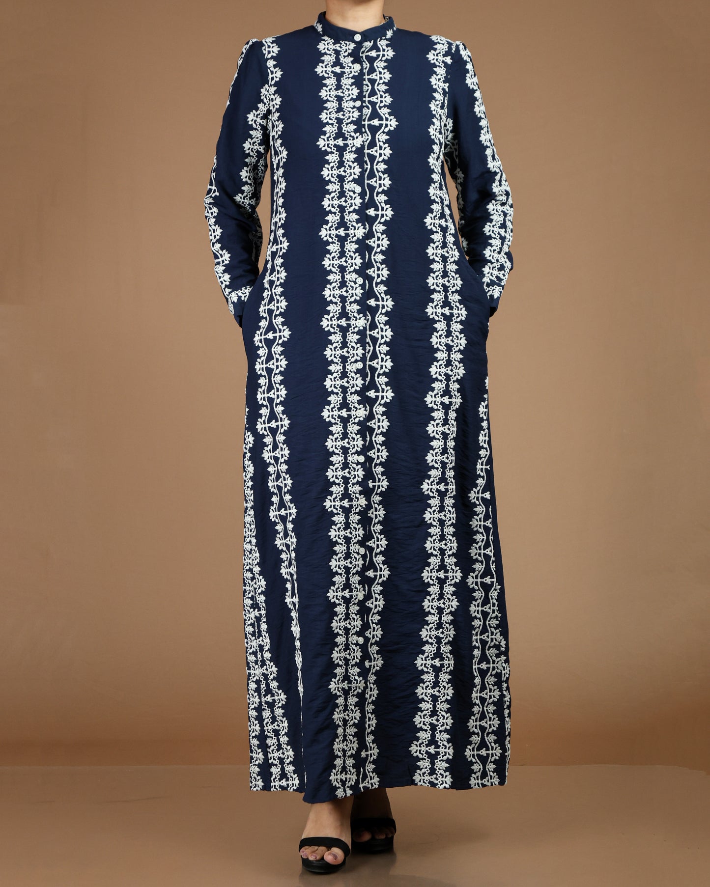 Printed Linen-Cotton Maxi Dress with Long Sleeves