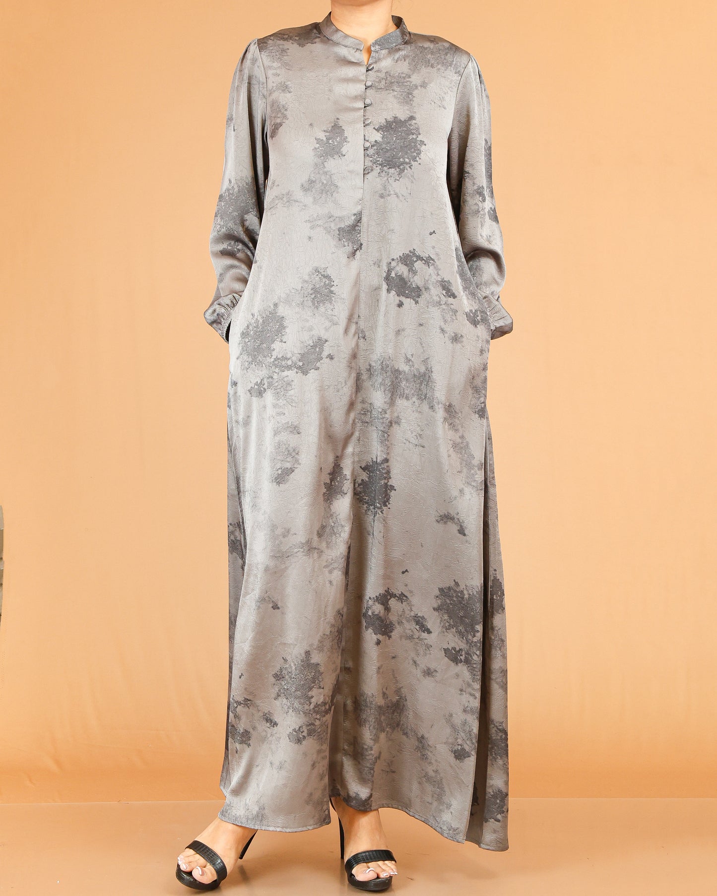 Taupe Abstract Wash Print Abaya with Button Detail