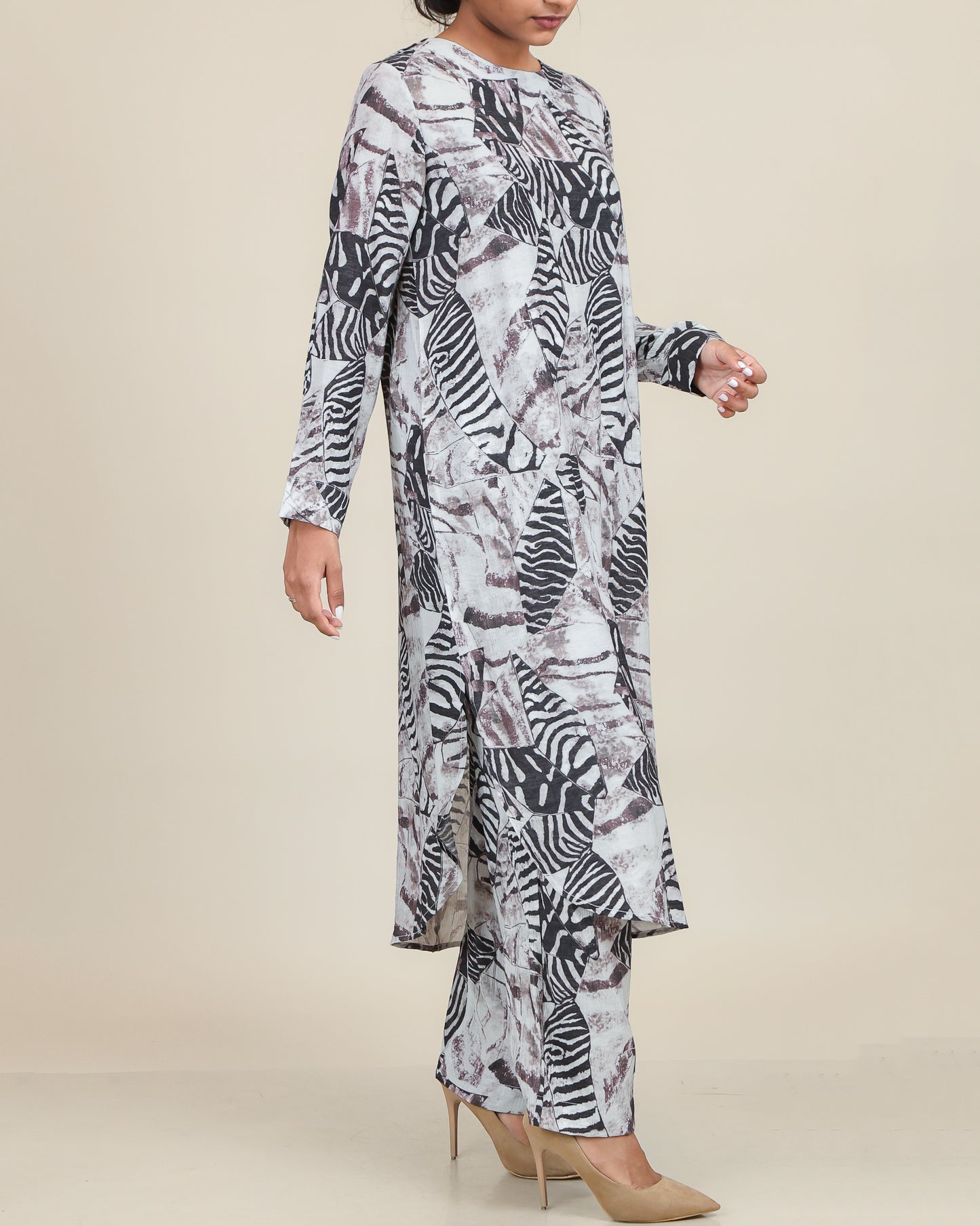 Ash Noir Abstract Printed Co-Ord Set with Flow Silhouette
