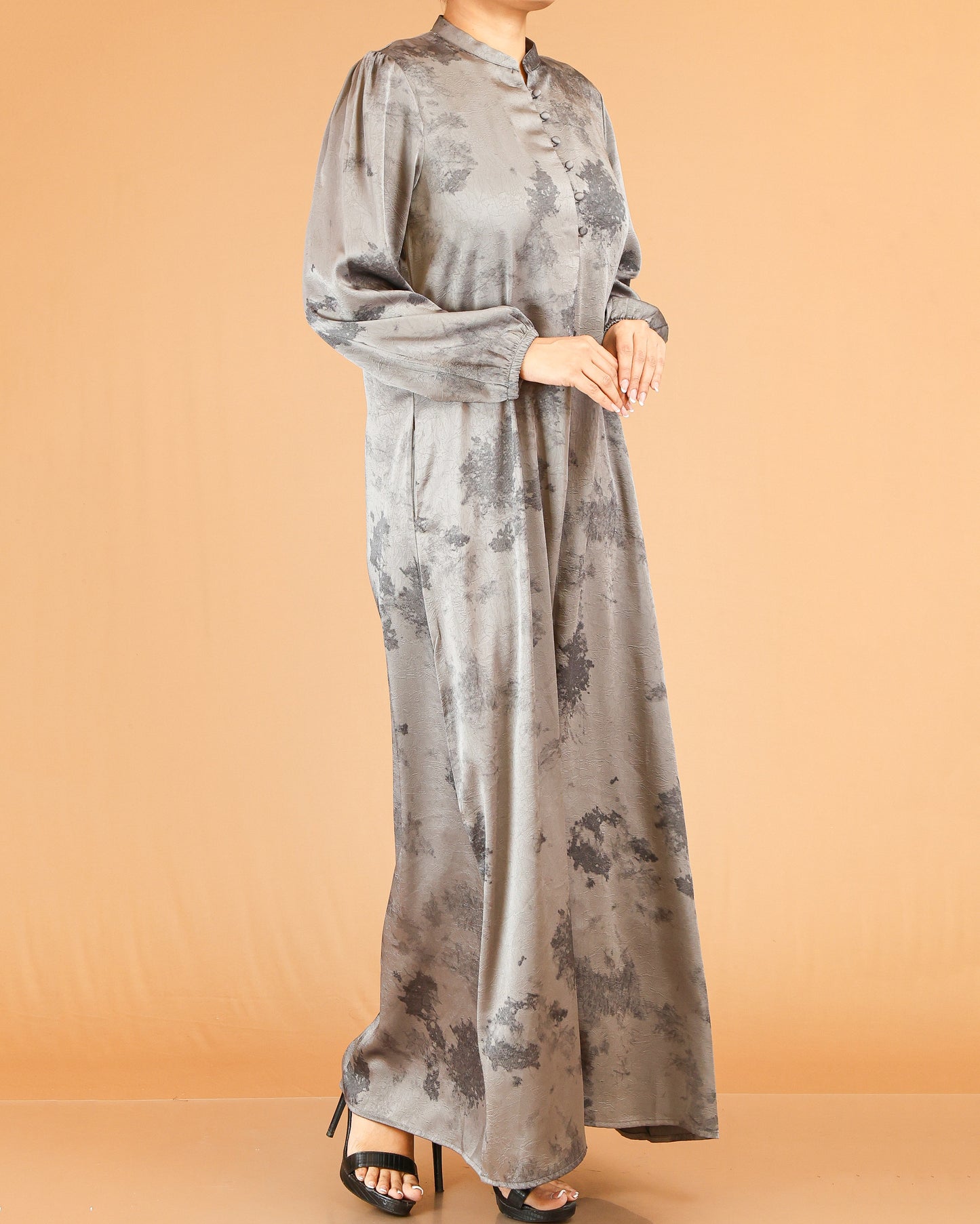 Taupe Abstract Wash Print Abaya with Button Detail
