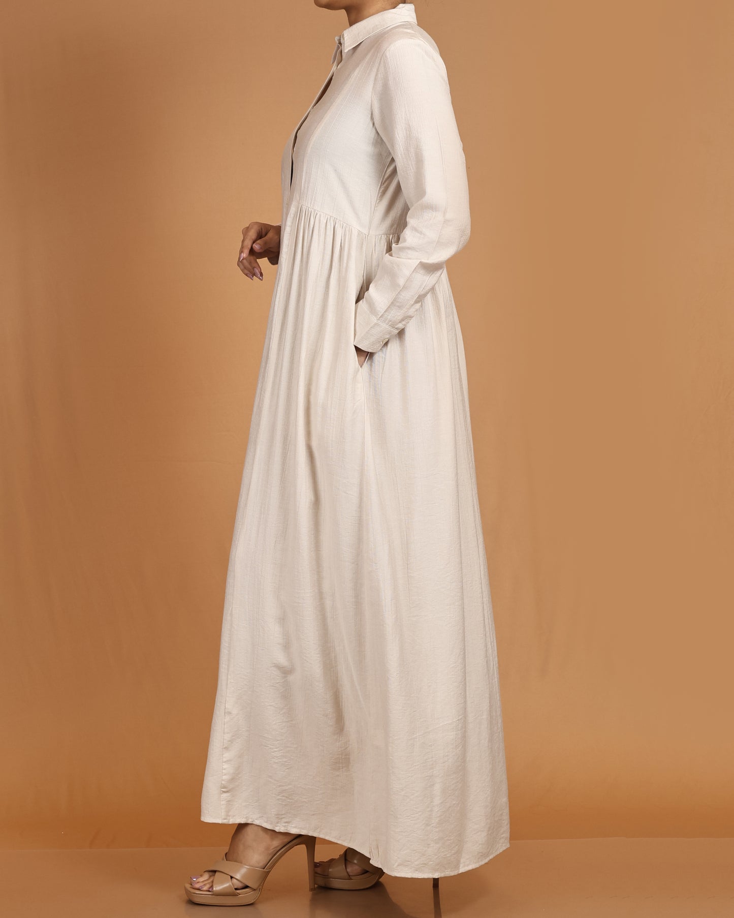Classic Textured Button-Down Maxi – Cream