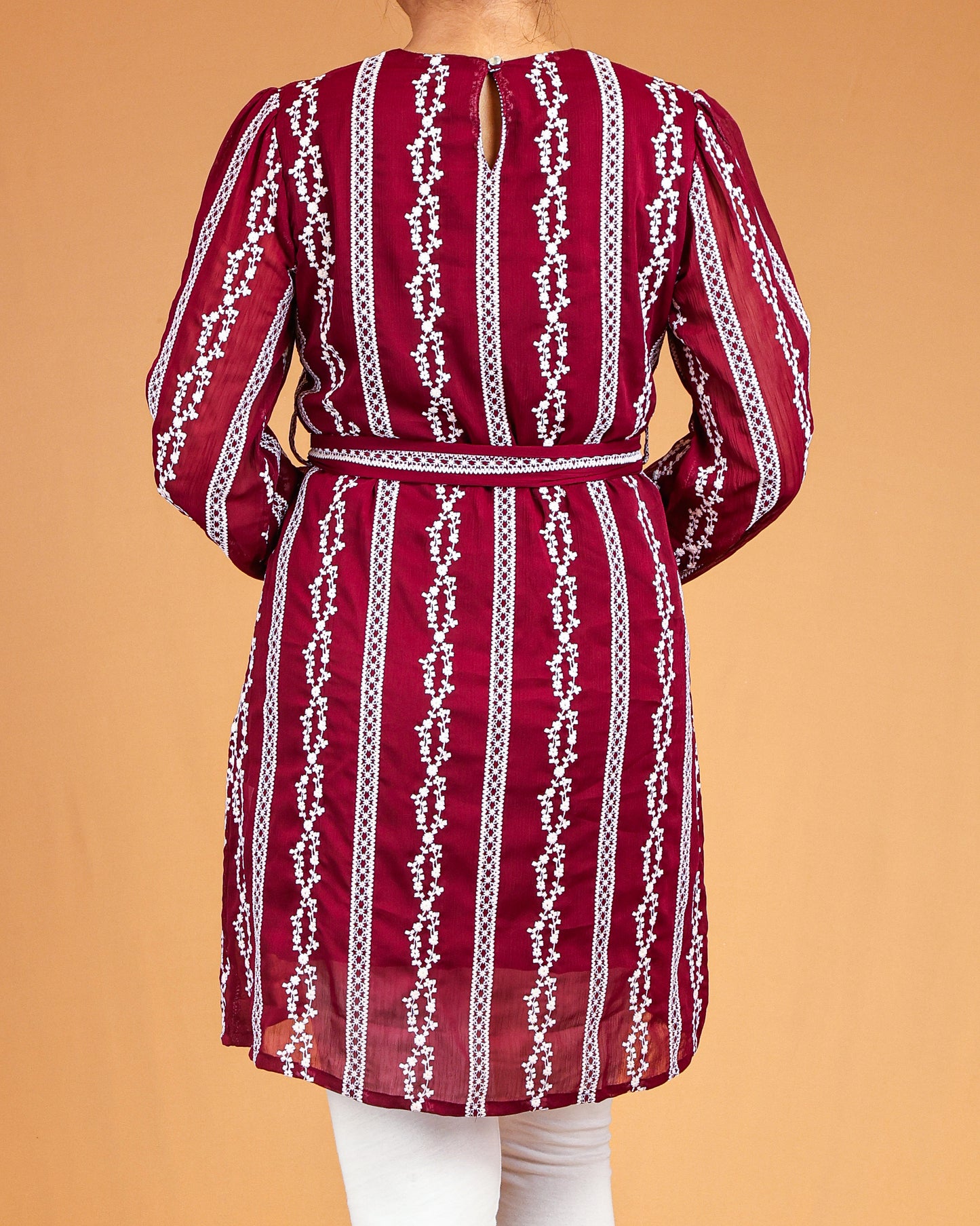 Royal Garnet Embroidered Midi with Waist Tie Belt