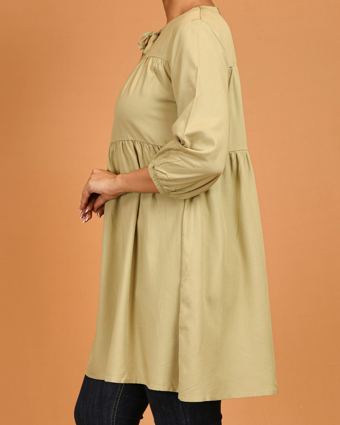 Tiered Tie-Neck Modest Top – Soft Olive
