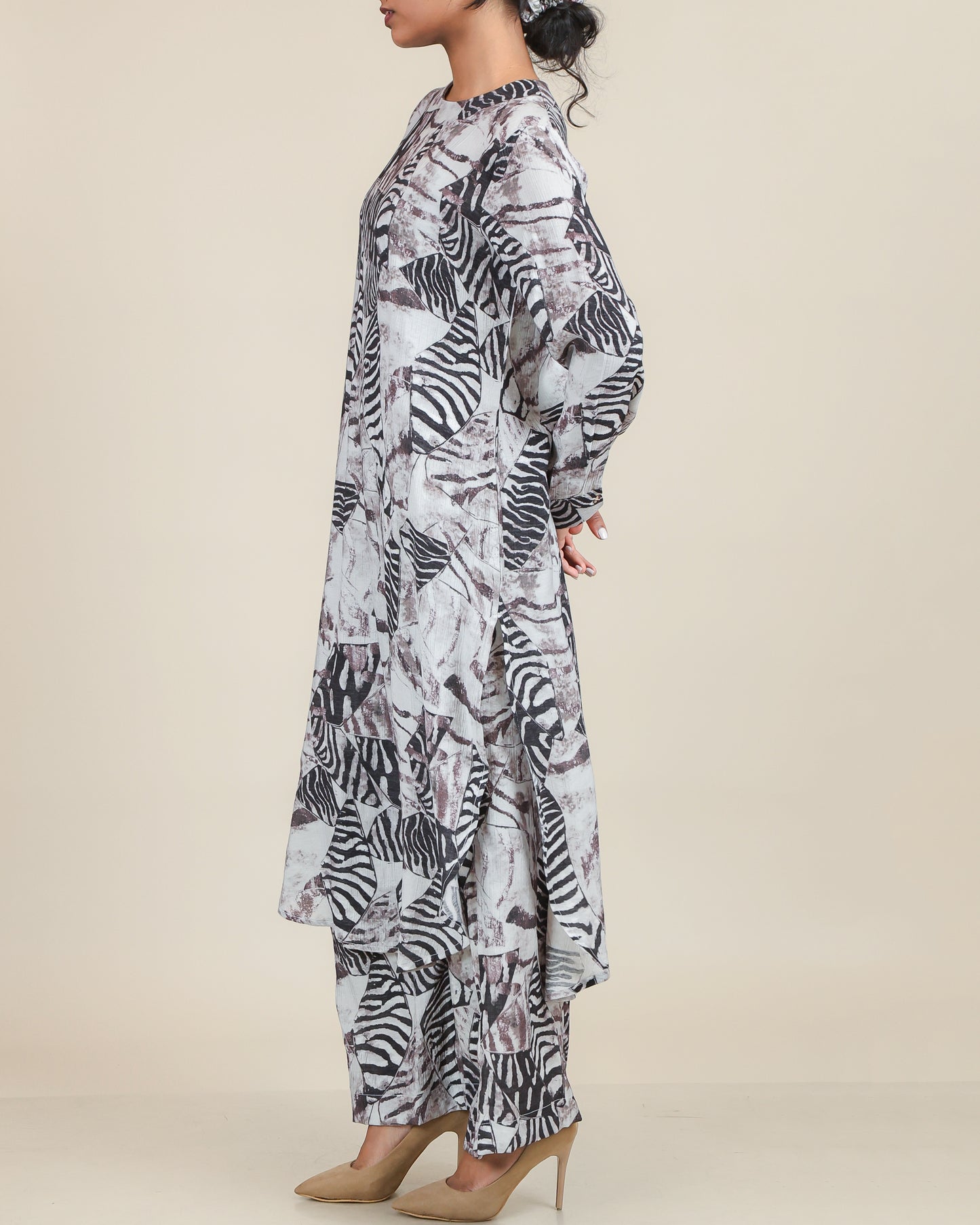Ash Noir Abstract Printed Co-Ord Set with Flow Silhouette