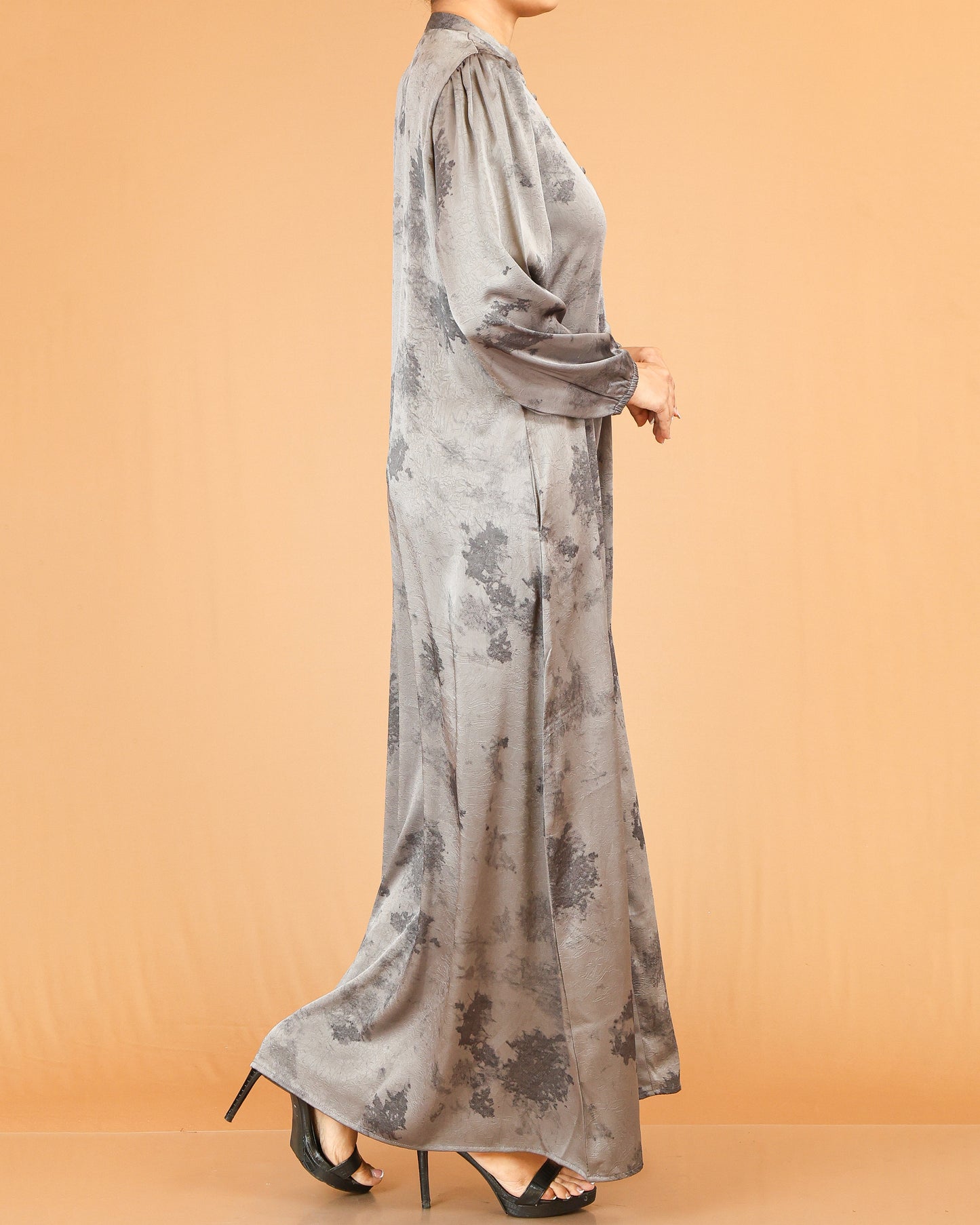 Taupe Abstract Wash Print Abaya with Button Detail