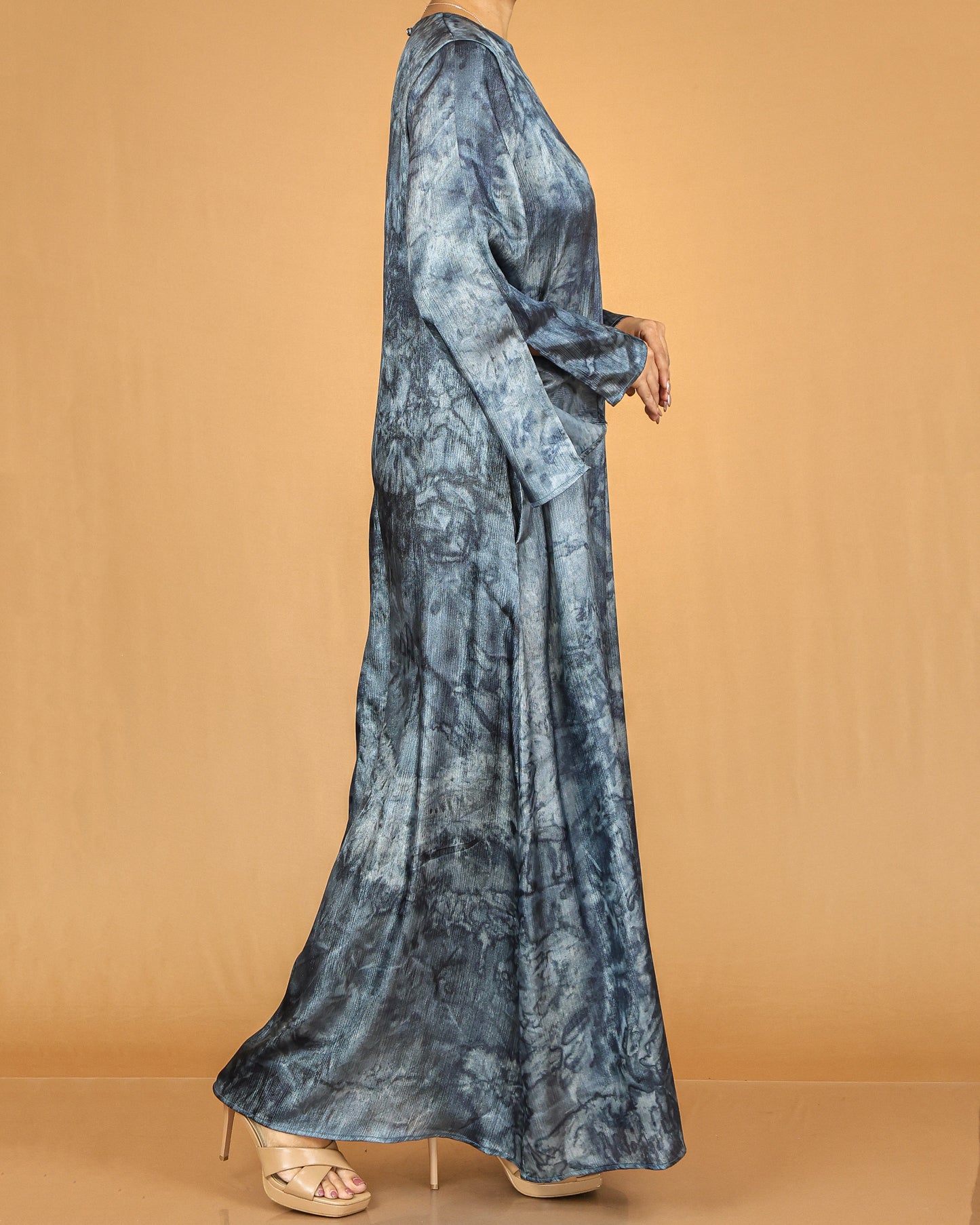Deep Blue Marble Print Flow Abaya with Relaxed Sleeves