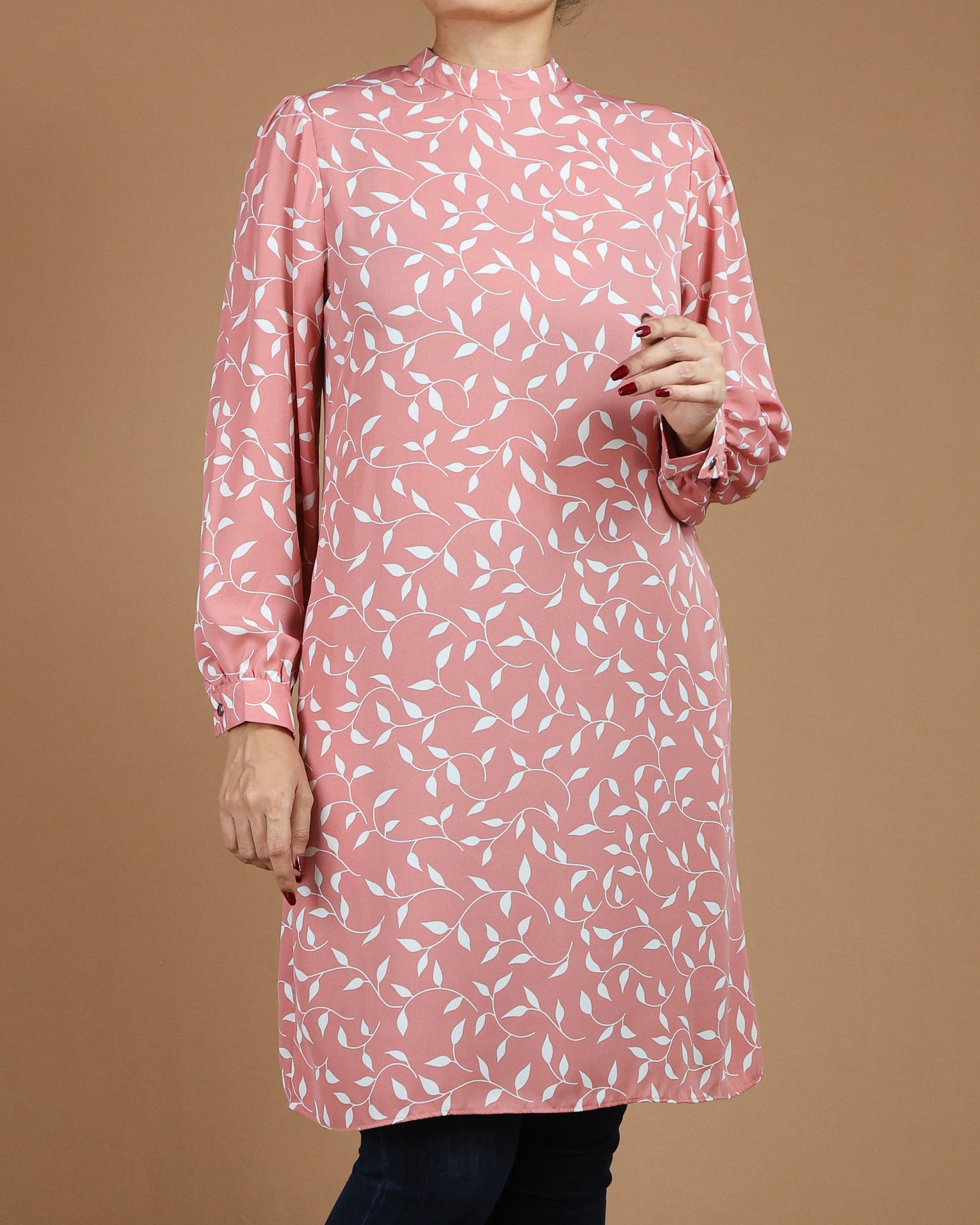 Leaf-Print Long Top with Pockets
