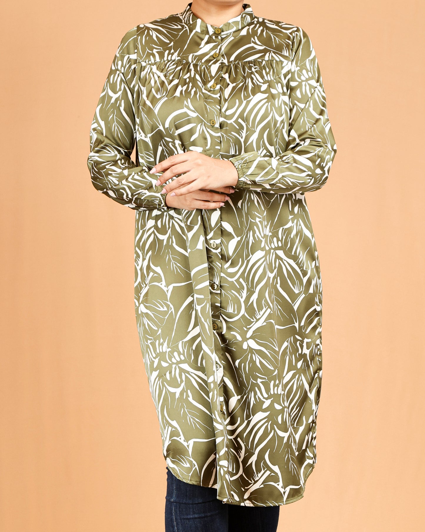 Mandarin Collar Gathered Yoke Olive Botanical Shirt Dress
