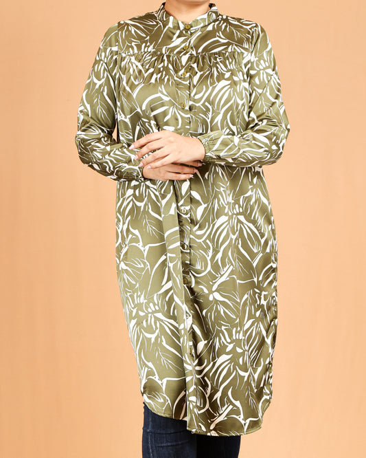 Mandarin Collar Gathered Yoke Olive Botanical Shirt Dress