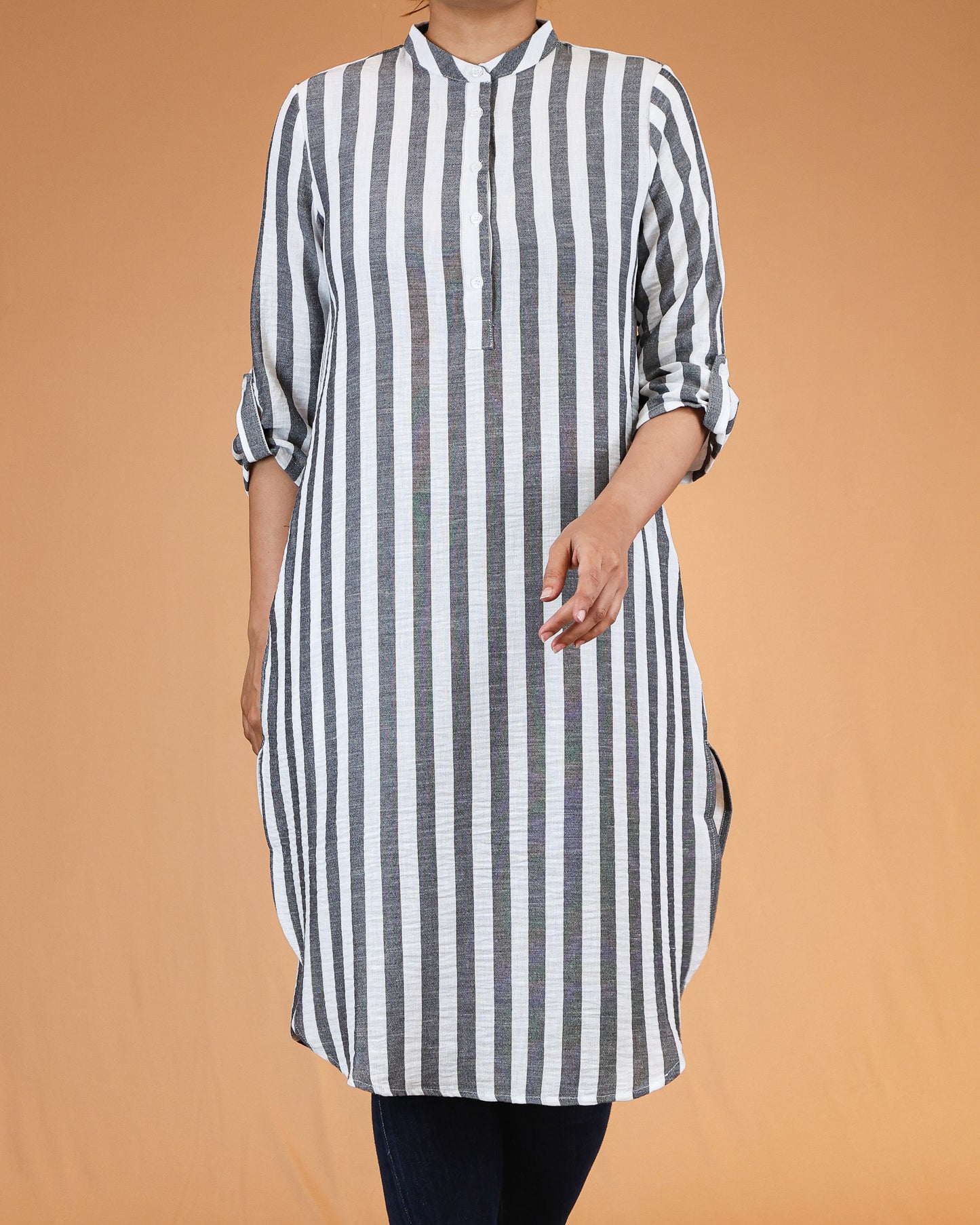 Charcoal Grey Striped Buttoned Top with Roll Up Sleeves