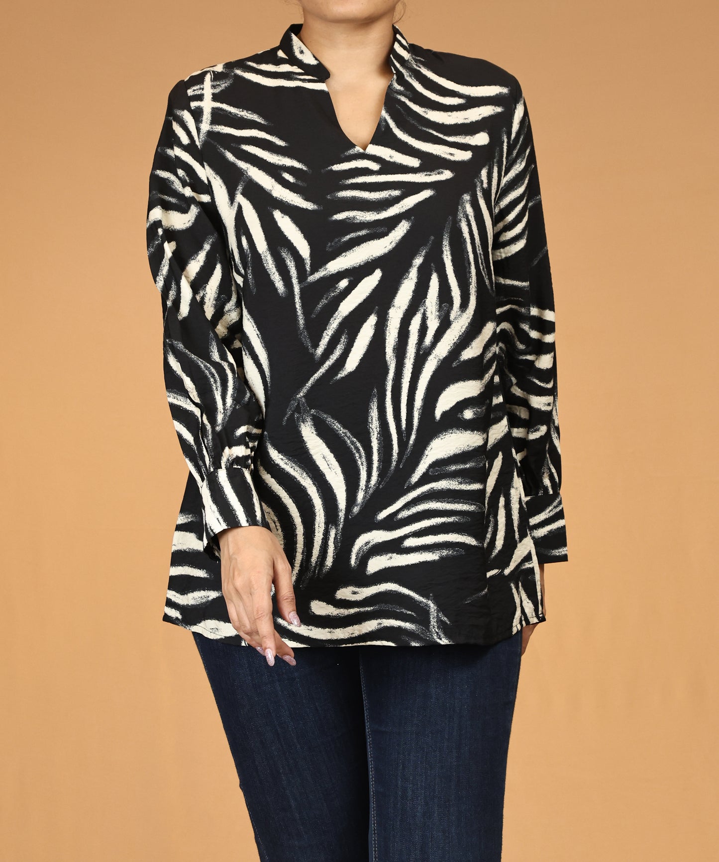 Black Textured Print Long Sleeve Top