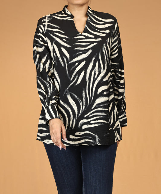 Black Textured Print Long Sleeve Top