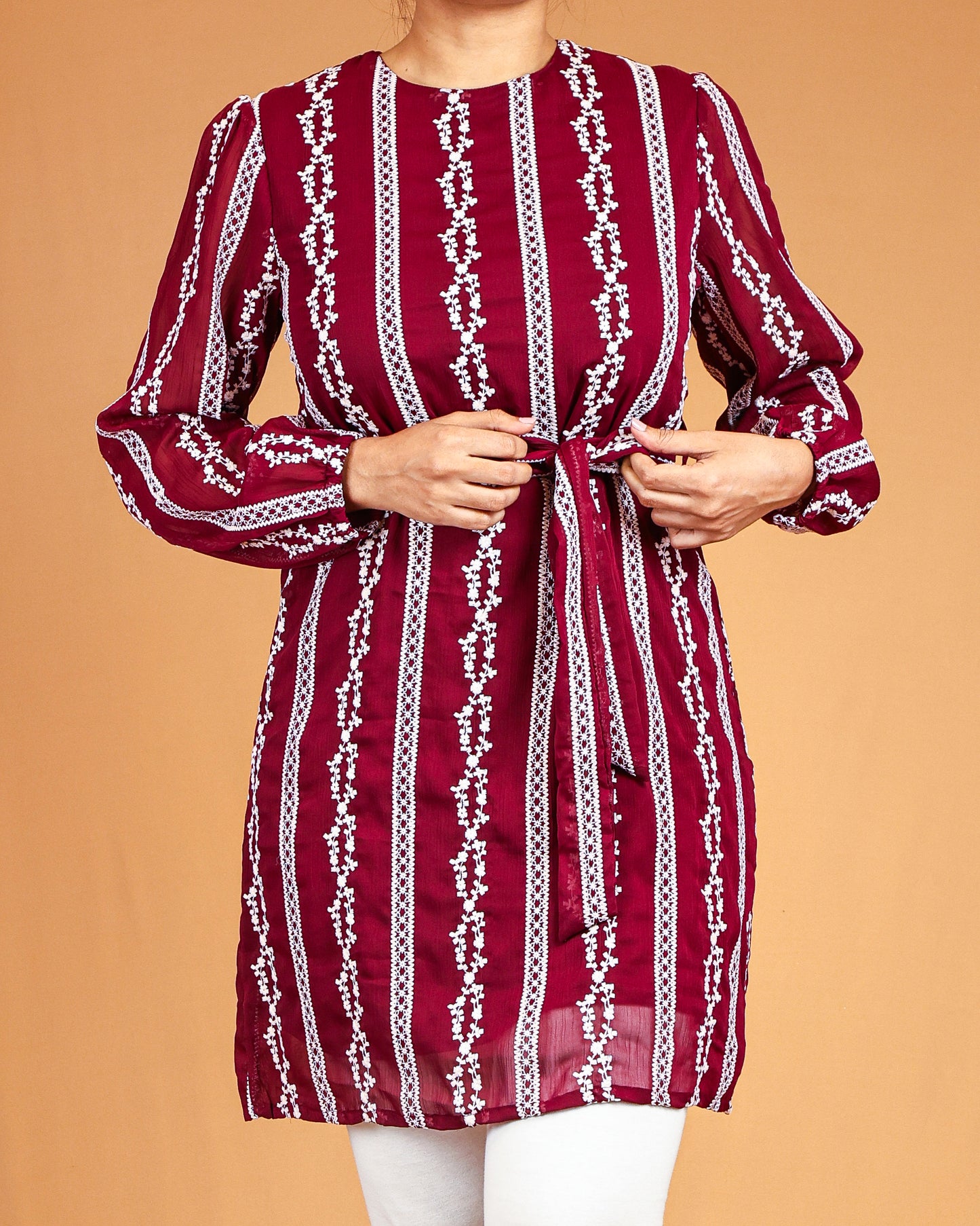 Royal Garnet Embroidered Midi with Waist Tie Belt