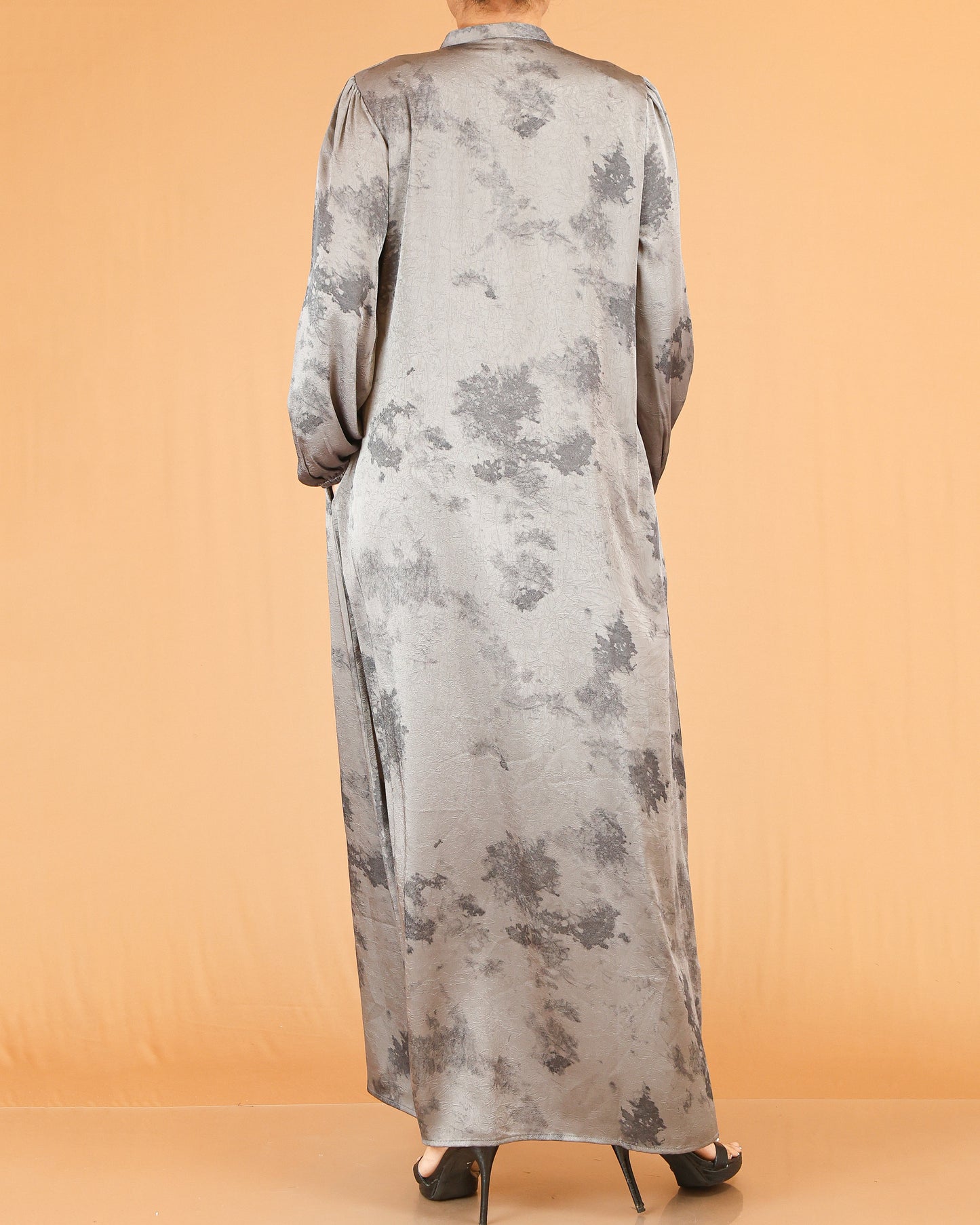 Taupe Abstract Wash Print Abaya with Button Detail