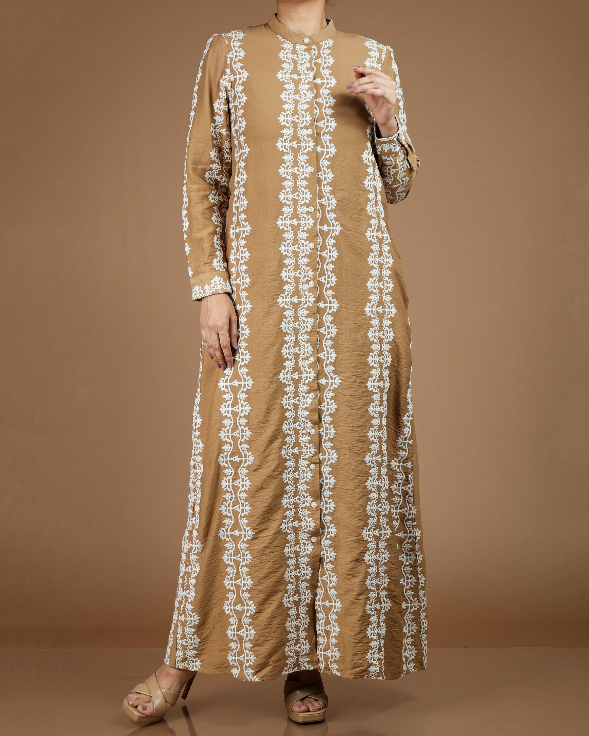 Printed Linen-Cotton Maxi Dress with Long Sleeves