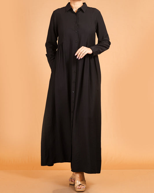 Classic Textured Button-Down Maxi – Black