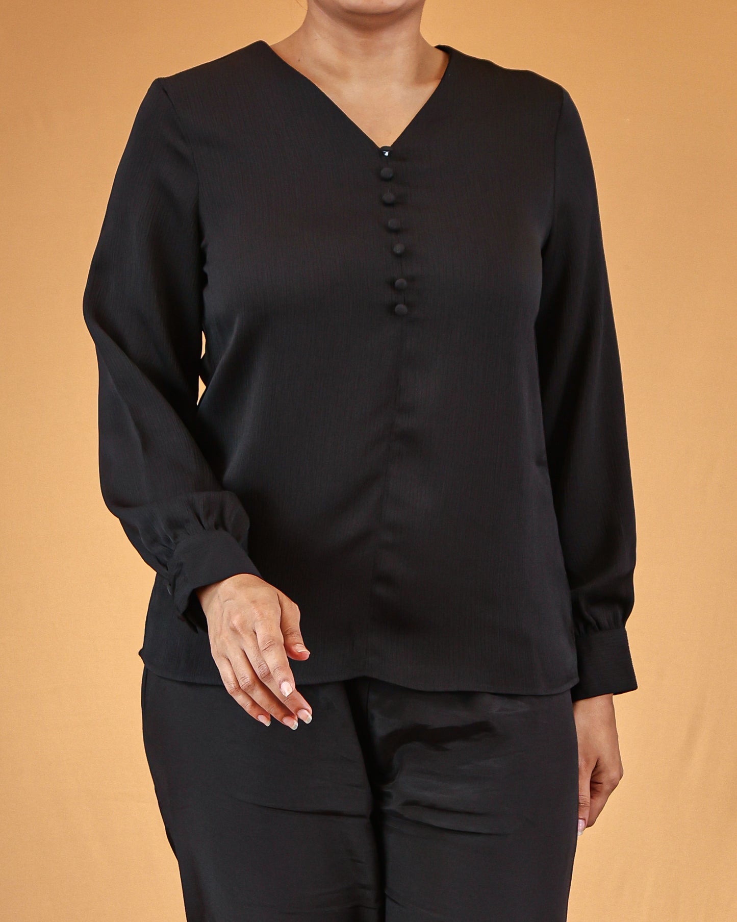 Classic Black Buttoned V-Neck Top