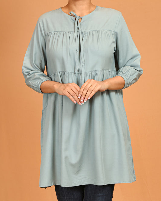 Tiered Tie-Neck Modest Top – Soft Sage