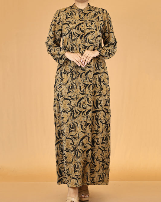 Golden Mocha Swirl Print Maxi Dress