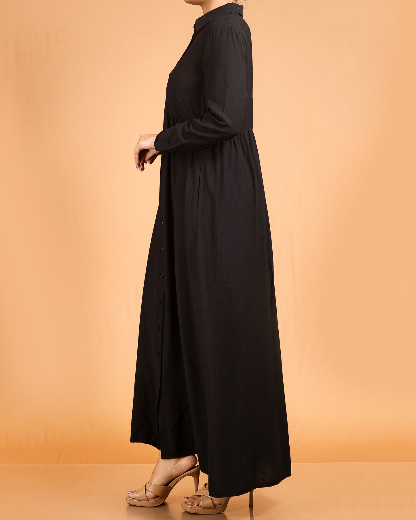 Classic Textured Button-Down Maxi – Black
