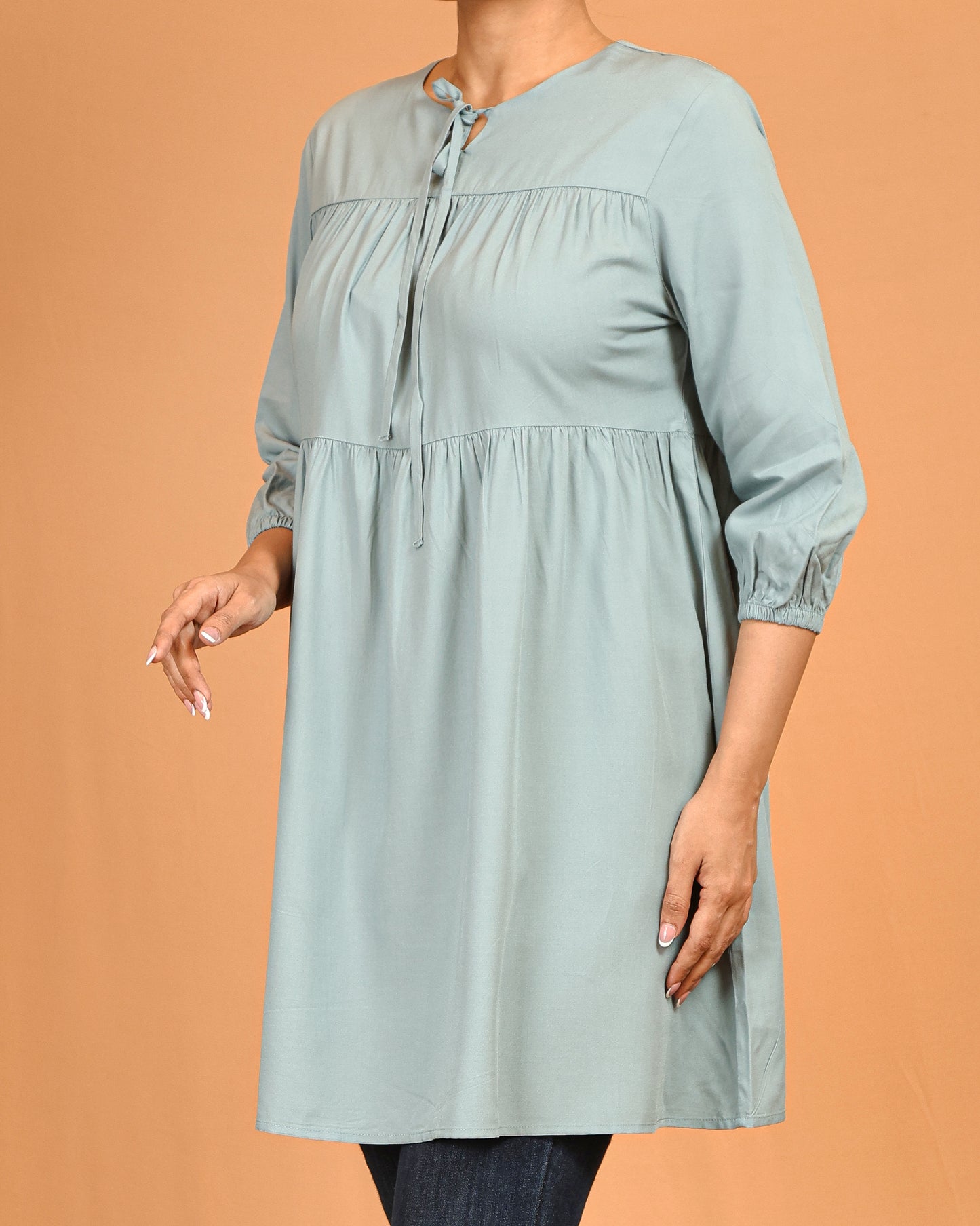 Tiered Tie-Neck Modest Top – Soft Sage
